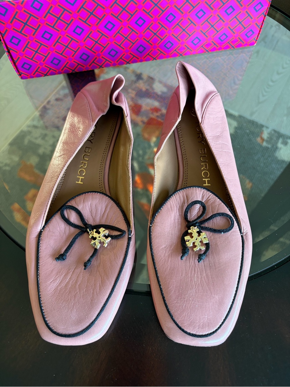 Tory Burch Pink Leather Loafers with Black Trim and Gold Logo Accent
